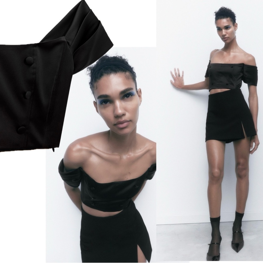 Zara Black satin effect buttoned short pleated sleeve crop top Sz L NWT - Picture 2 of 15